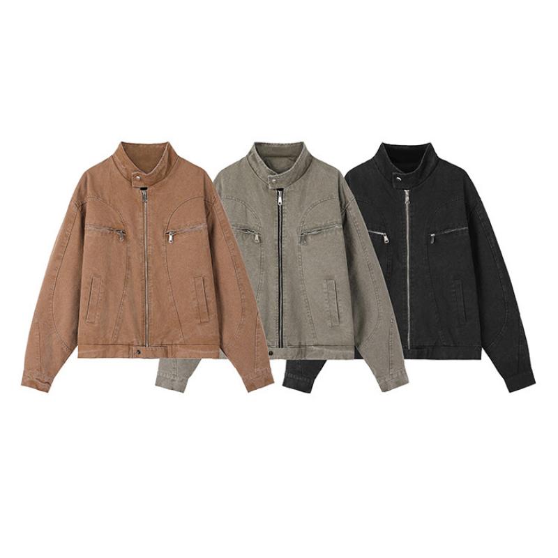 2025 Spring Autumn Men Washed Workwear Jackets Casual Streetwear Outerwear Male Solid Color Stand Collar Coats Man Vintage Coats