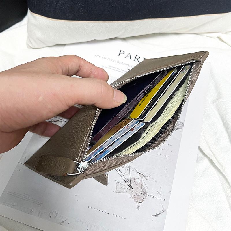 Women's Ultra-Thin Genuine Leather Wallet 2025: Top Grain Cowhide Clutch with Phone & Card Holder, Simple Zipper Design
