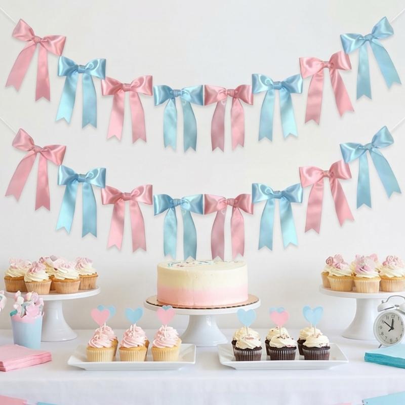 Set of 2 Pre Strung Cloth Bowknot Banners Party Garlands for Staircase Doorway and Party Background Decoration