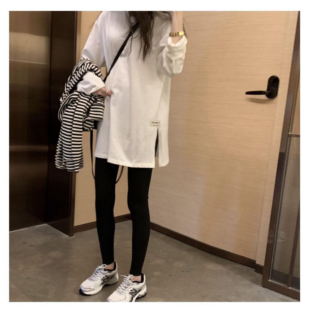 Women's Large European Style White Long-Sleeve T-Shirt - Loose Mid-Length Base Layer for Spring, Autumn, Winter.