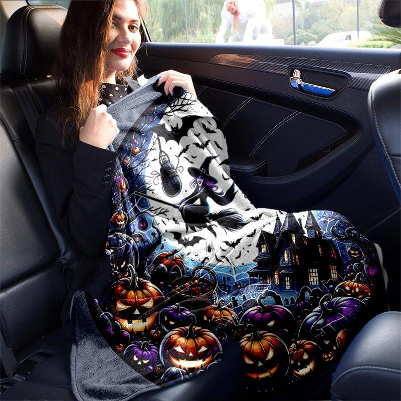 1 szt. Koc Halloweenowy Nietoperz Wiedźma Dynia Miękki Koc do Dekoracji Pokoju, Idealny Pomysł na Prezent, Salon, Podróż, Kemping, Kocy Samochodowe