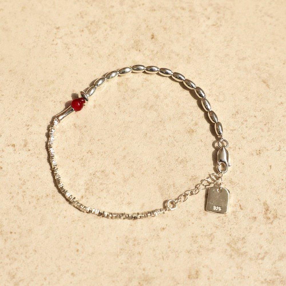 Meling 925 Silver Point Red Ball Pendant Cut Square Silver Bracelet F32