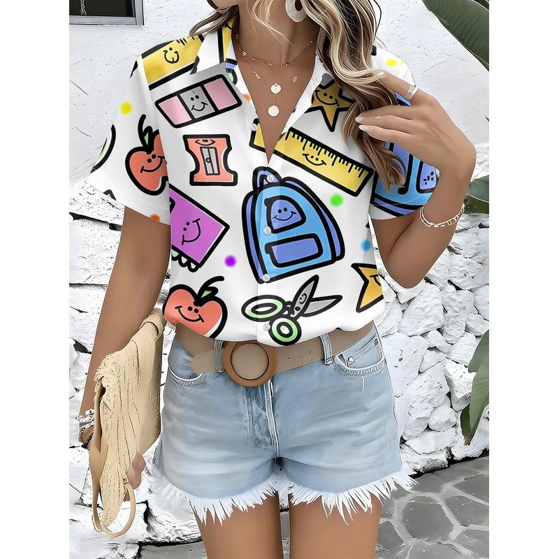 Women's Casual Short Sleeve Button Up Shirt Cartoon Stationery Pattern Backpack Ruler Apple Scissors Rich Colors Machine Washabl