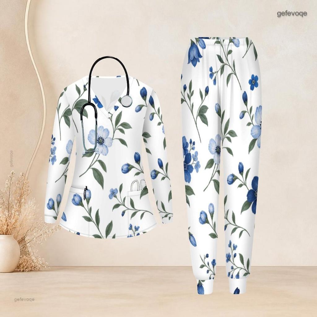 Women Plus Size White Green Floral Printed Nurse Scrub Set V Neck Long Sleeve Pockets Top And Long Pants