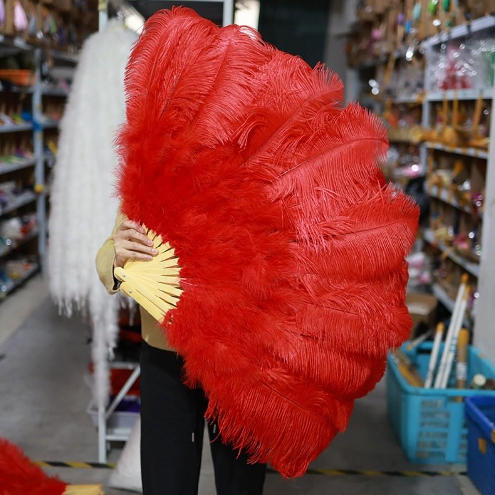 Velký červený pštrosí skládací vějíř 12 žeber Karnevalový břišní tanec Scénický vějíř Ruční pštrosí vějíř