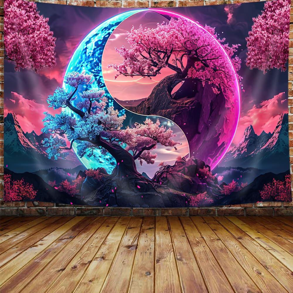 VIKAMA YinYang Cherry Blossom Tree Tapestry Cyberpunk Fantasy Tapestry Bedroom Living Room Dormitory Wall Hanging Home Decor