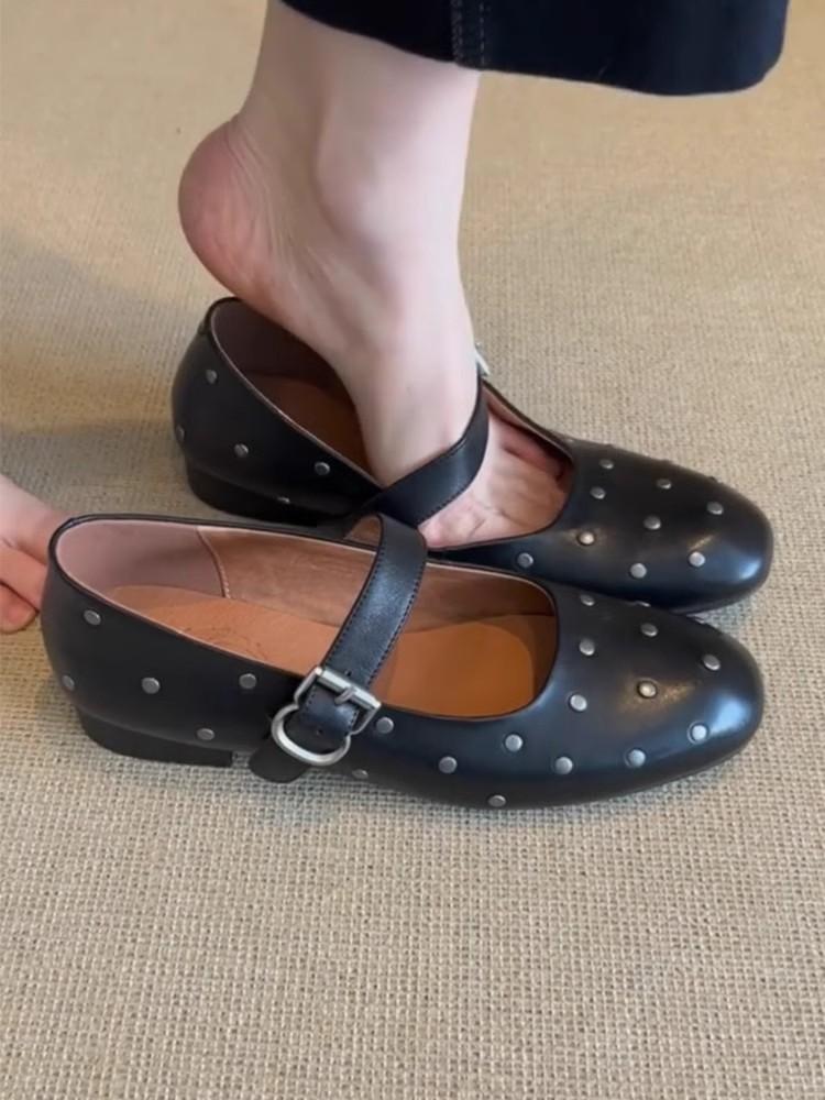 Cowhide Shoes French Mary Jane Shoes Women's Versatile Leather Round Head with Rivets Flat Bottom Shallow Mouth Single Shoes