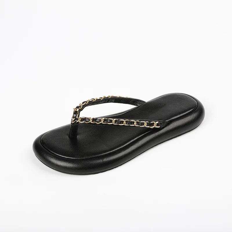 Ladies Shoes On Sale 2024 New Fashion Metal Chain Women's Slippers Summer Flat Casual Beach Flip Flops for Women Chaussure Femme