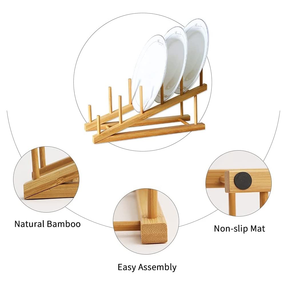 Haskoss 2-Piece Wooden Dish Rack, Bamboo Plate Rack Stand with Pot Lid Holder, Dish Drying Rack for Kitchen Cabinet Organizer