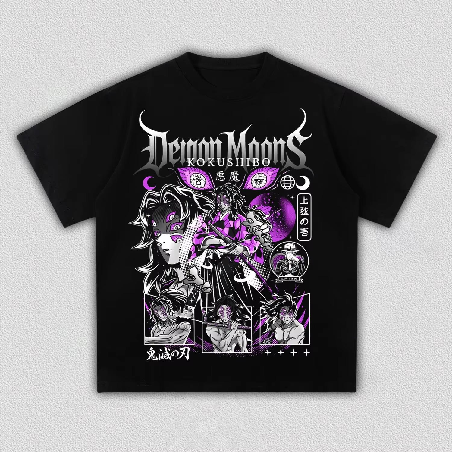 Unisex Demon Slayer Kokushibo Red Moon Anime Graphic T-Shirt, Cool Dark Comic Art Print Casual Streetwear T-shirt 4XL