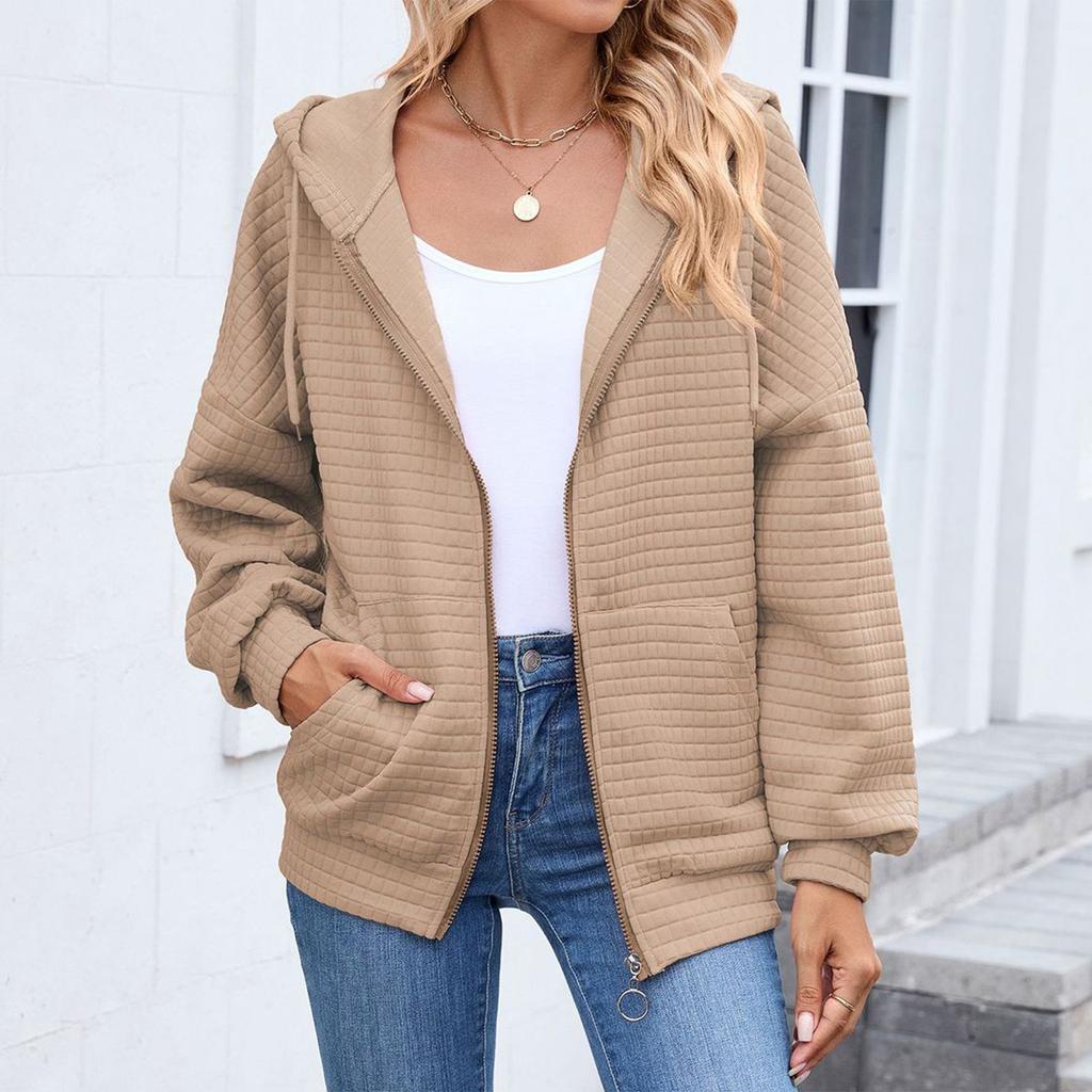Women's Fashionable Solid Color Zipper Long Sleeved Hooded Pocket Sweatshirt Jacket
