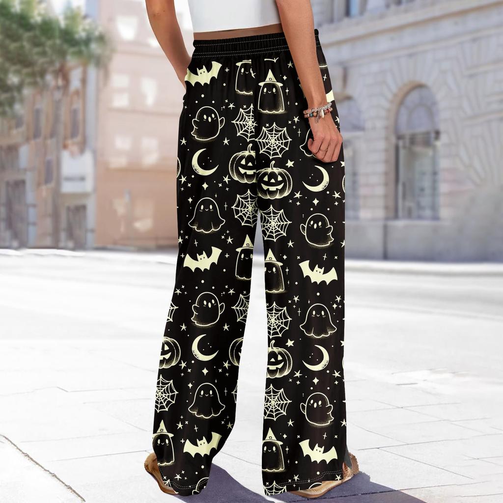 Damen Sommer Boho Palazzo Hose Hohe Taille Weites Bein Halloween Druck Lässige Hose mit Taschen