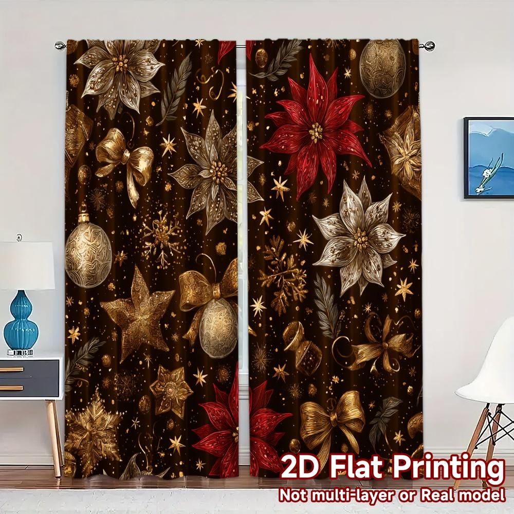 

Modern Flat Printing Jit Curtains Without Rod Golden Noel Tree Fabric Holiday Set Of 2 Made Polyester Machine Washable W100*H70(CM)-Hooks&2PCS