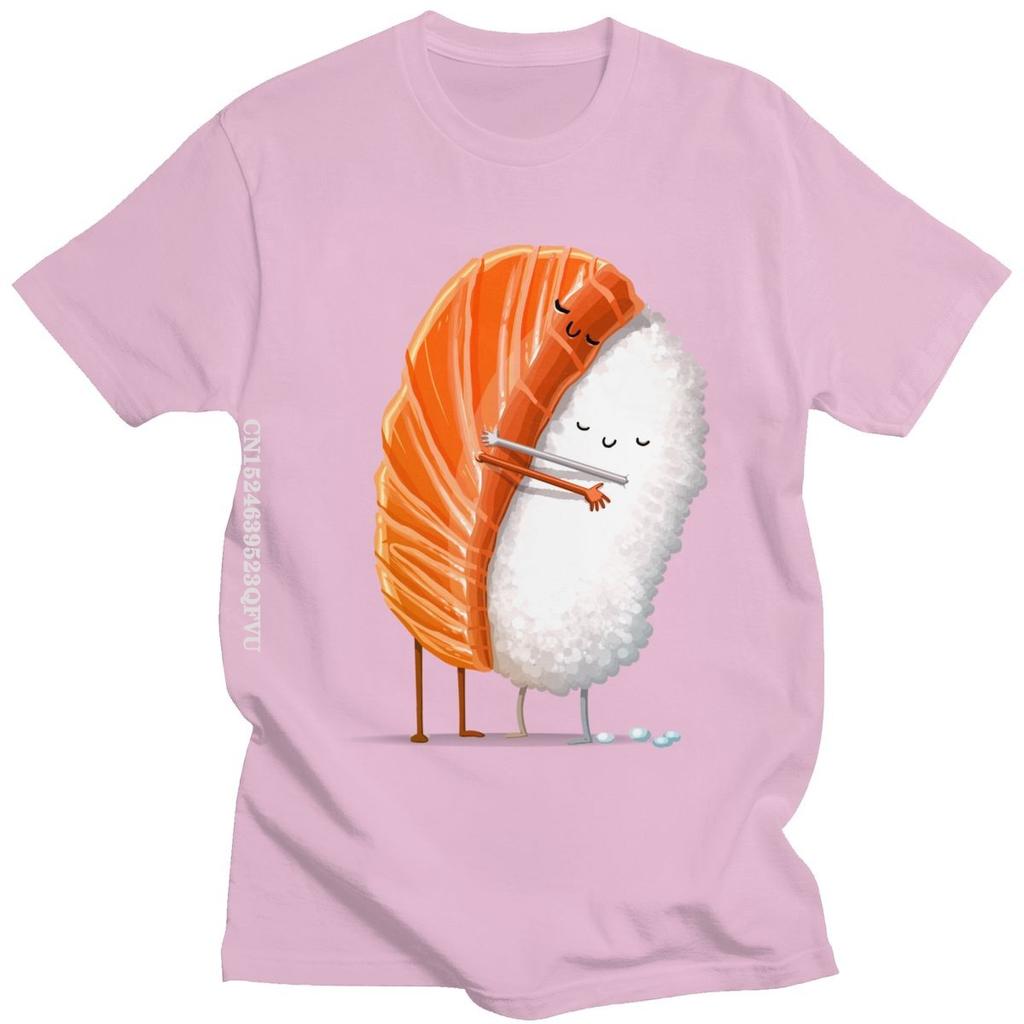 Cute Sushi Hug Tshirts Unisex Pure Cotton Cartoon Japanese Food Tee Streetwear Fashion Top Vintage Novelty Graphic Tshirt