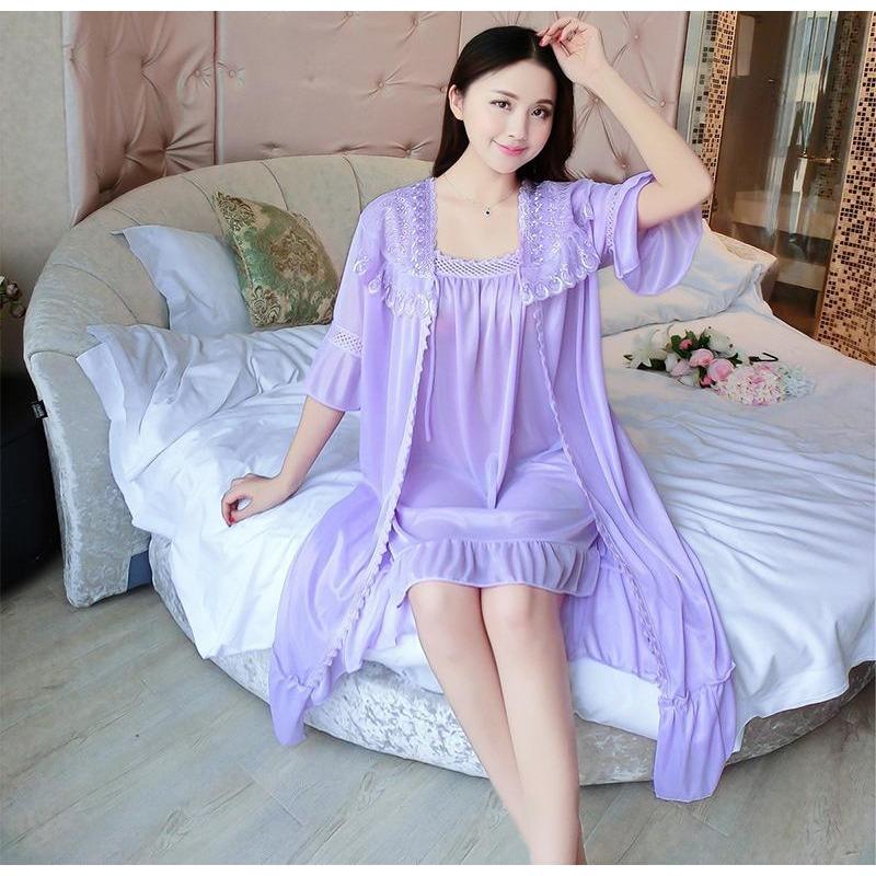 Summer Ladies Plus Size Ice Silk Two-piece Lace Homewear Sling Nightdress
