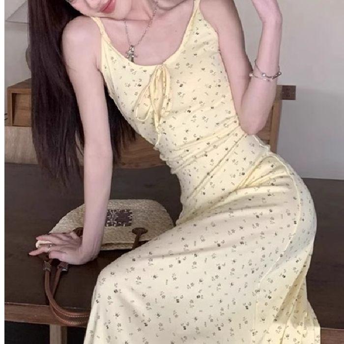 New Lace-up Dress, Sweet and Wearable Suspender Skirt, Summer Temperament French Floral Design Long Dress