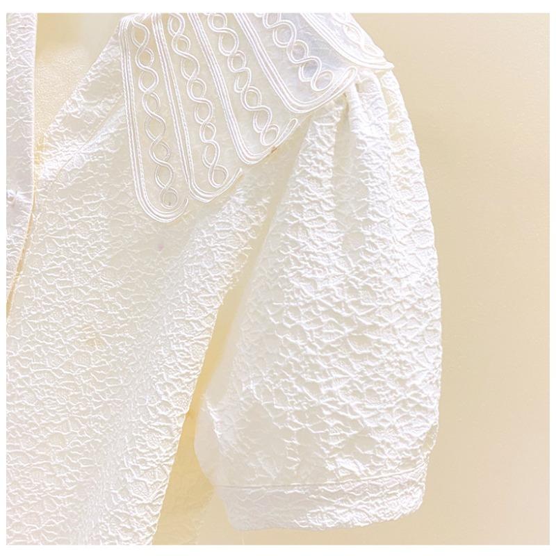 Plus Size Women Doll Collar Short Sleeve Shirt Letnia Vintage Jacquard Top