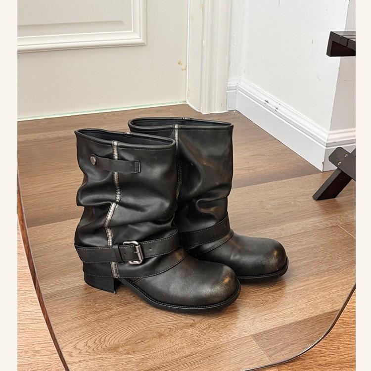 Sheepskin version~ niche design short boots Martin boots women's pleated stacking boots tube boots Western cowboy locomotive boots