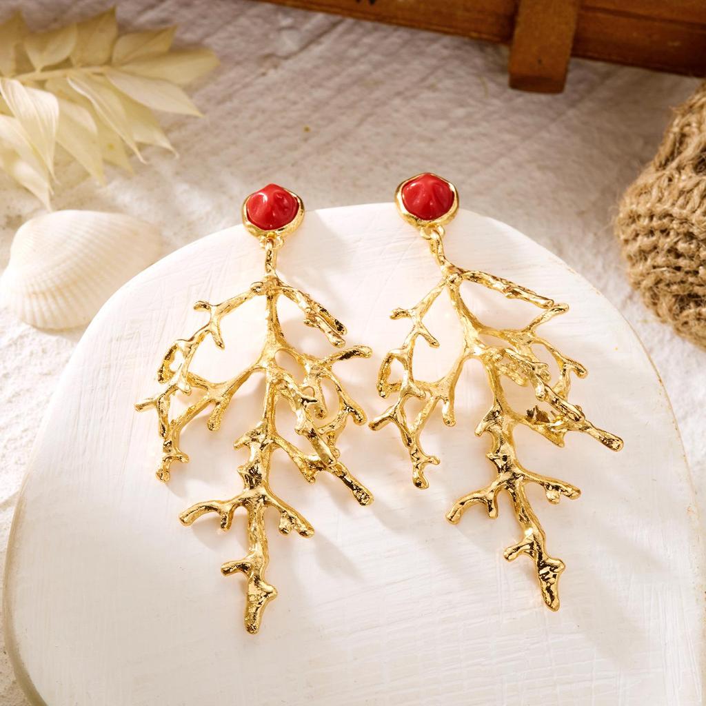 Holiday Style Coral Faux Pearl Starfish Tassel Earrings