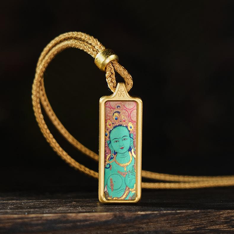 Тибетский Зодиакальный Тханка-Ожерелье: Амулет-подвеска Лама, Зеленая Тара, Манджушри
