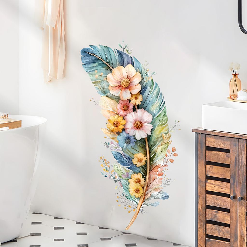 Feather Bouquet Wall Stickers, Removable Self-Adhesive Decals for Bedroom Background Door Home Decor