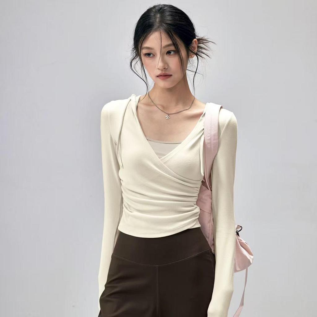 Women's Hooded Long Sleeve Yoga Top - Slimming, Breathable, Waist-Cinching Sports Cover-Up for Pilates Training, Autumn Comfort.