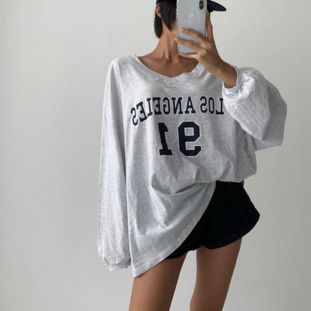 New ArriVals Open Run Women V Neck oVersized LeTTering CoTTon T shirT