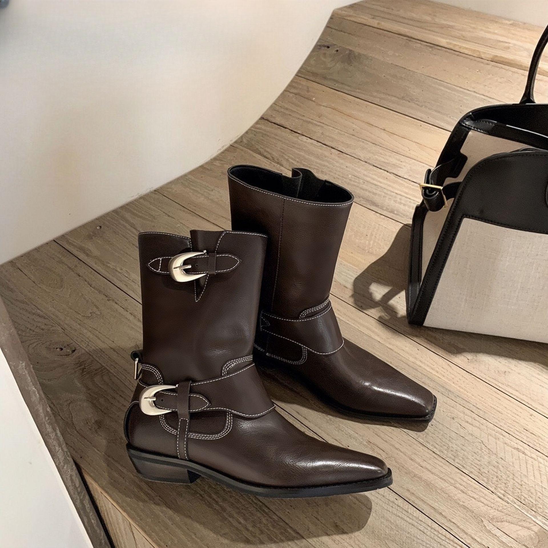 

Винтажные ботинки Martin из коровьей кожи с пряжкой на поясе, толстый каблук с заостренной металлической пряжкой, черные кожаные женские ботинки в стиле вестерн 40