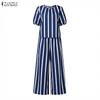 ZANZEA Women Short Sleeve Blouse and Pants Casual Stripe Print Two Piece Suit Sets