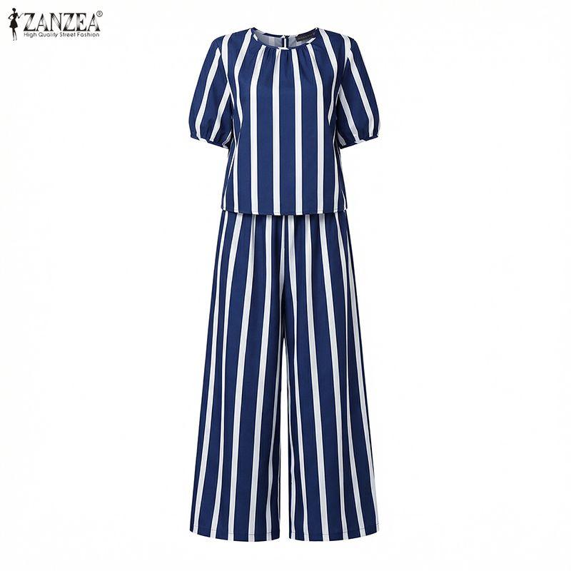 ZANZEA Women Short Sleeve Blouse and Pants Casual Stripe Print Two Piece Suit Sets