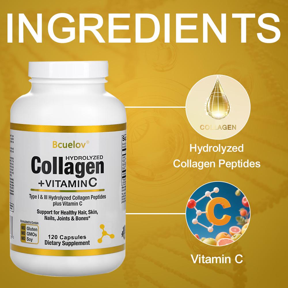 Bcuelov hydrolysiertes Kollagen Vitamin C Kapseln Kollagenpeptide kombiniert mit Vitamin C in USP-Qualität zum Schutz der Haut-, Haar- und Nagelgesundheit