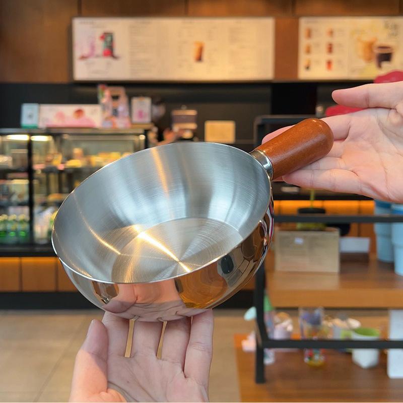 Stainless Steel Small Pot Bowl Walnut Wood Handle Salad Yogurt Bowl Breakfast Cooking Tool Multi-Function Cooking Kitchen Bowl