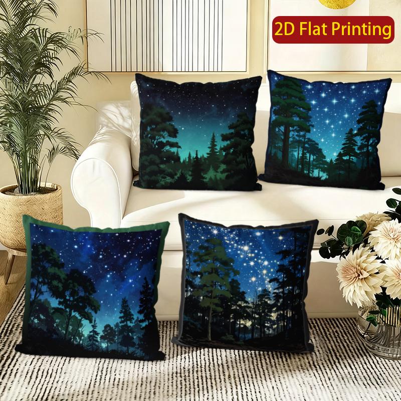 Starry Night Forest Scene Throw Pillow Covers Pattern Cushion Cover Suitable For Sofa Bedroom Car Pillow Cover