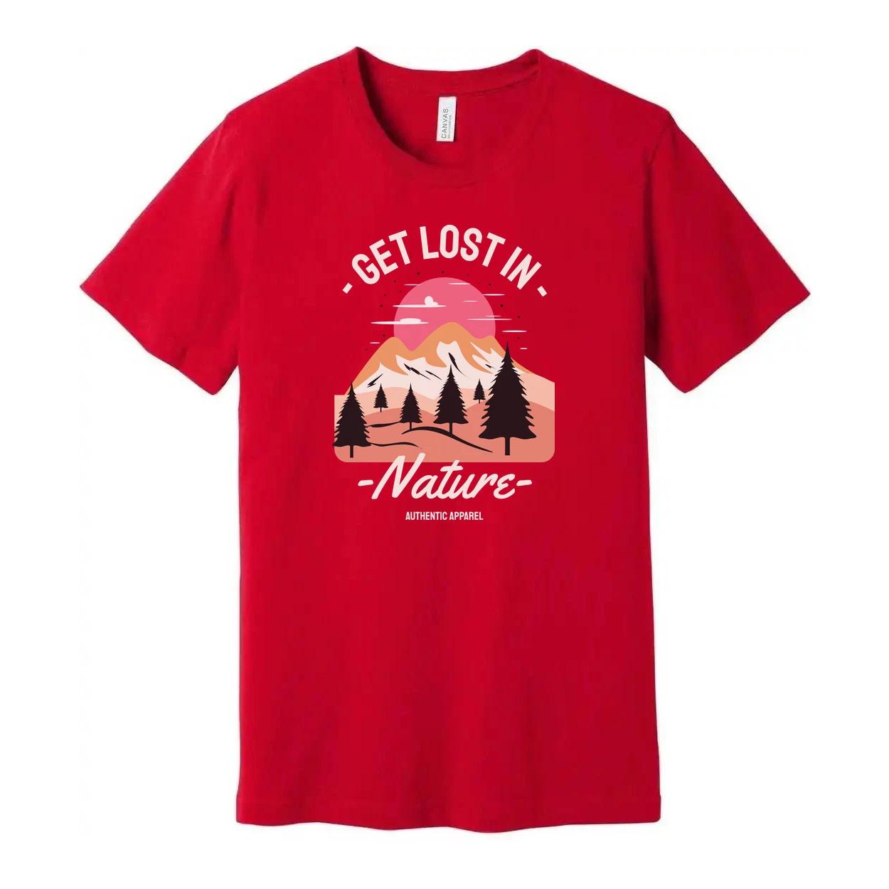 Get Lost In Nature Graphic T Shirt Featuring Sunset Mountain Range And Pine Tree 2XL