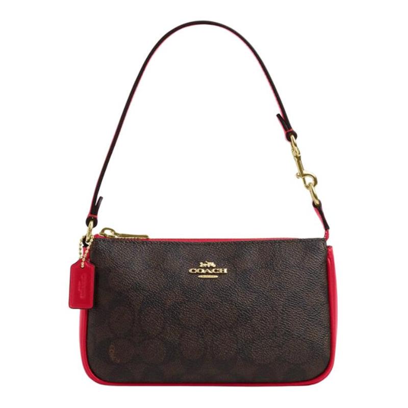 COACH Nolita 19 presbyopia all-over zipper closure PVC with leather shoulder handbag small size women s dark brown with red коричневый