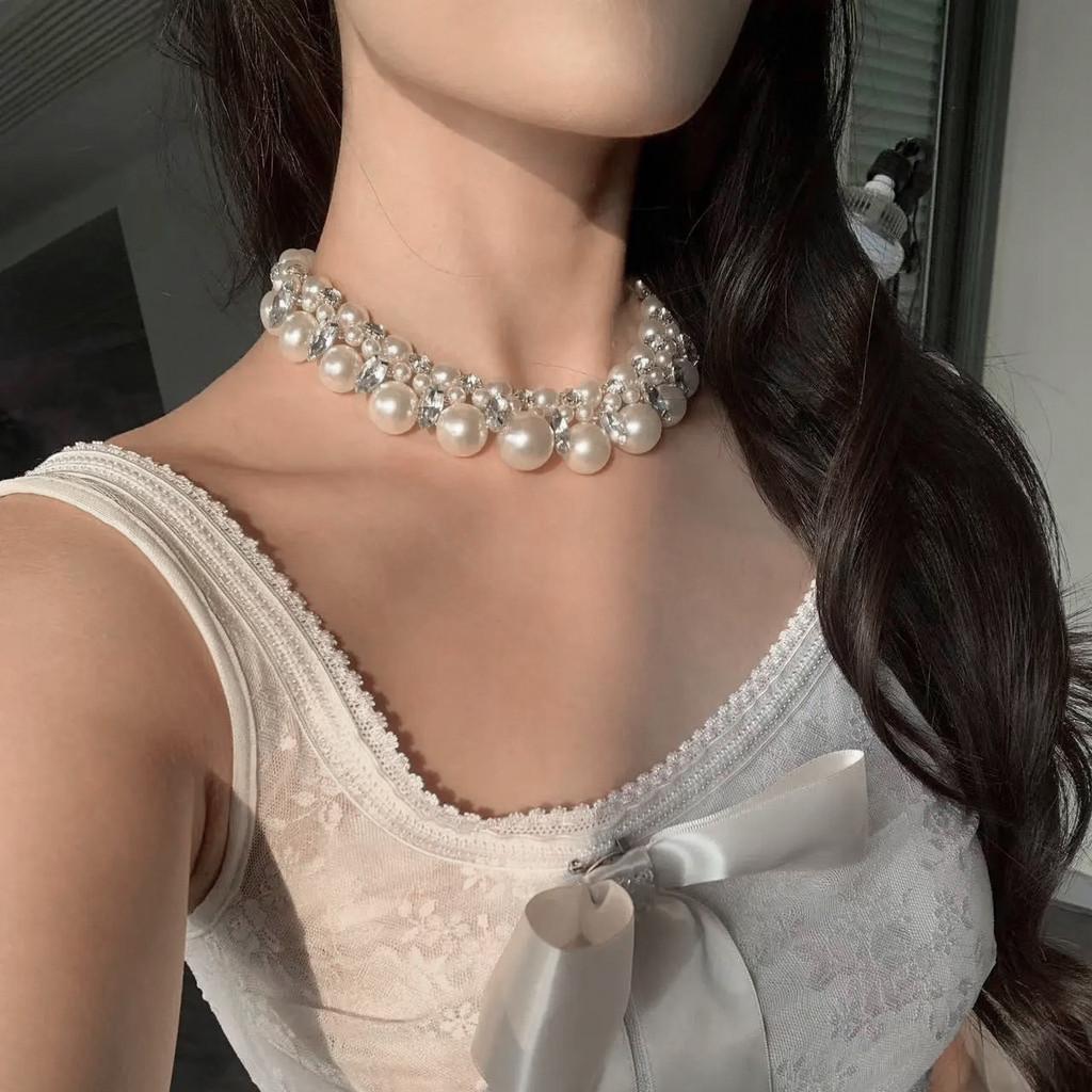 French Pearl Necklace Geometric Design Handcrafted Org Glass Pendant For Women