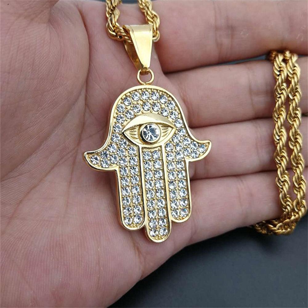 Pendentif Œil Turc Main de Fatima Couleur Or Acier Inoxydable Palmier Iced Out Amulette Collier Pour Hommes Femmes Bijoux Cadeau