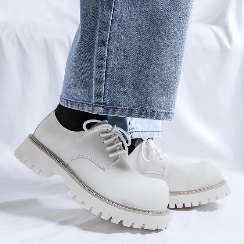 Mens Casual Leather Derby Shoes Men's Thick Sole Big Toe Youth Trendy Shoes Men Lace-up Heightened Shoe New