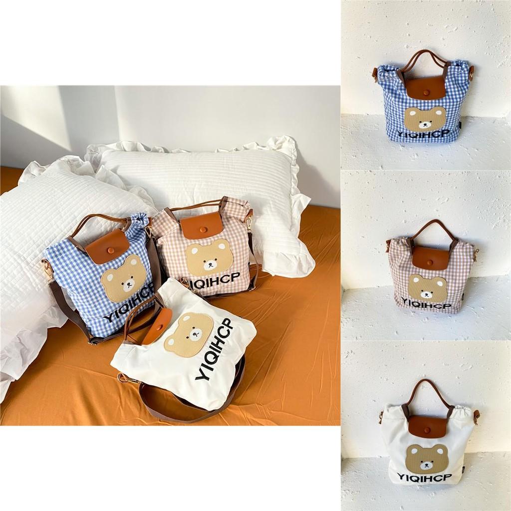Adorable Kids Bear Pattern Gingham Tote Bag Stylish Springtime Crossbody For Girls