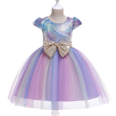 Fancy Mesh Princess Girl Party Wear Children Kids Dresses For Girls Wedding Gown Gold Sequin Bow Girl Summer Frocks
