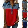 Denim Patchwork Shirts For Women Stand Collar Casual Blouse Short Sleeve Comfy Tshirt Spring Summer Fashion