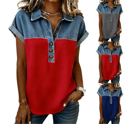 Denim Patchwork Hemden für Damen Stehkragen Lässige Bluse Kurzarm Bequemes T-Shirt Frühling Sommer Mode