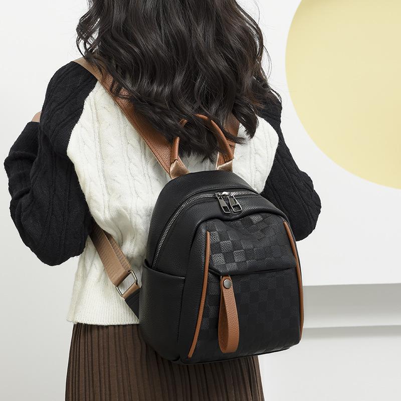 New Checked Soft Leather Women's Fashionable Backpack, High-end Travel Mini Minimalist Trendy Women's Double Shoulder Bag New Release