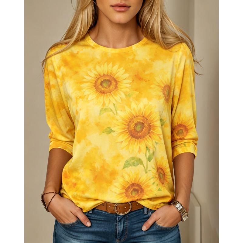 Women's Long Sleeve Crew Neck Teal Paisley Watercolor Print Casual T-Shirt, Regular Tops for Spring Summer Daily Wear