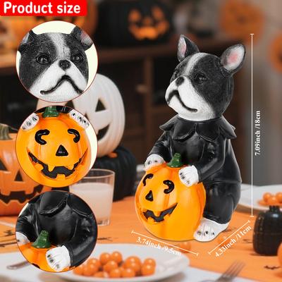 Halloween Resin Decorative Figurine Costume Dog with Pumpkin Lantern Ghost Animal Figurines for Holiday Display Farmhouse Decor