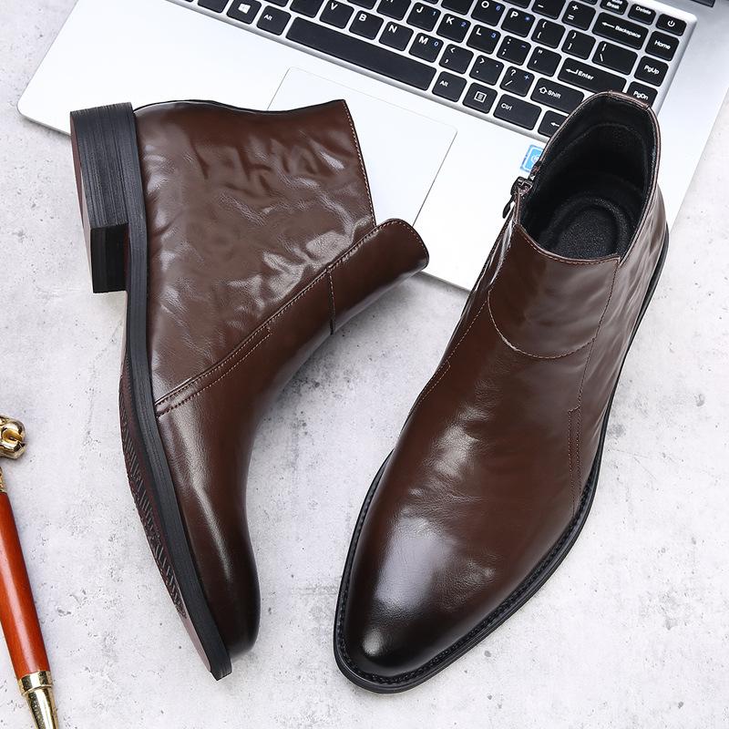 Fashion 2025 New Designer British-style Chelsea Boots for Men Solid Color Side Zipper Pointed Toe High-top Cow Leather Shoes Boots Man