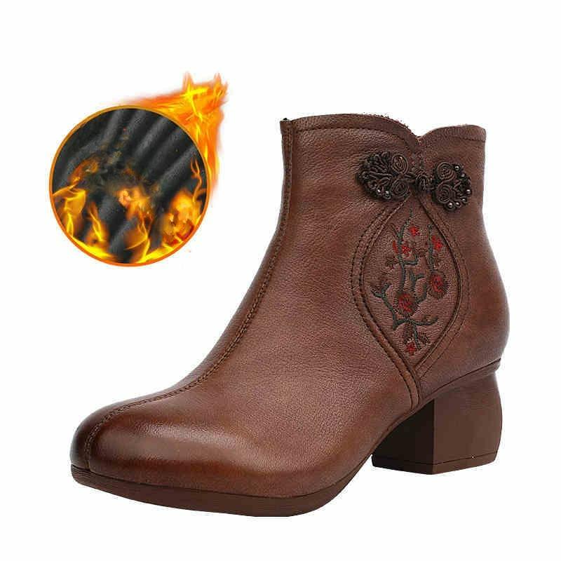 PU Winter Ethnic Style Embroidered Thick-heeled Round-toe Short Boots Retro Plus Velvet Warm Cotton Boots Women