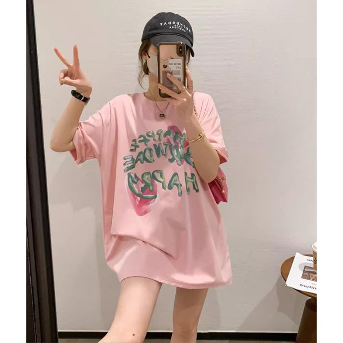 

Pure cotton unique chic beautiful top super good-looking pink letter printing short-sleeved t-shirt women s 2025 new 3XL