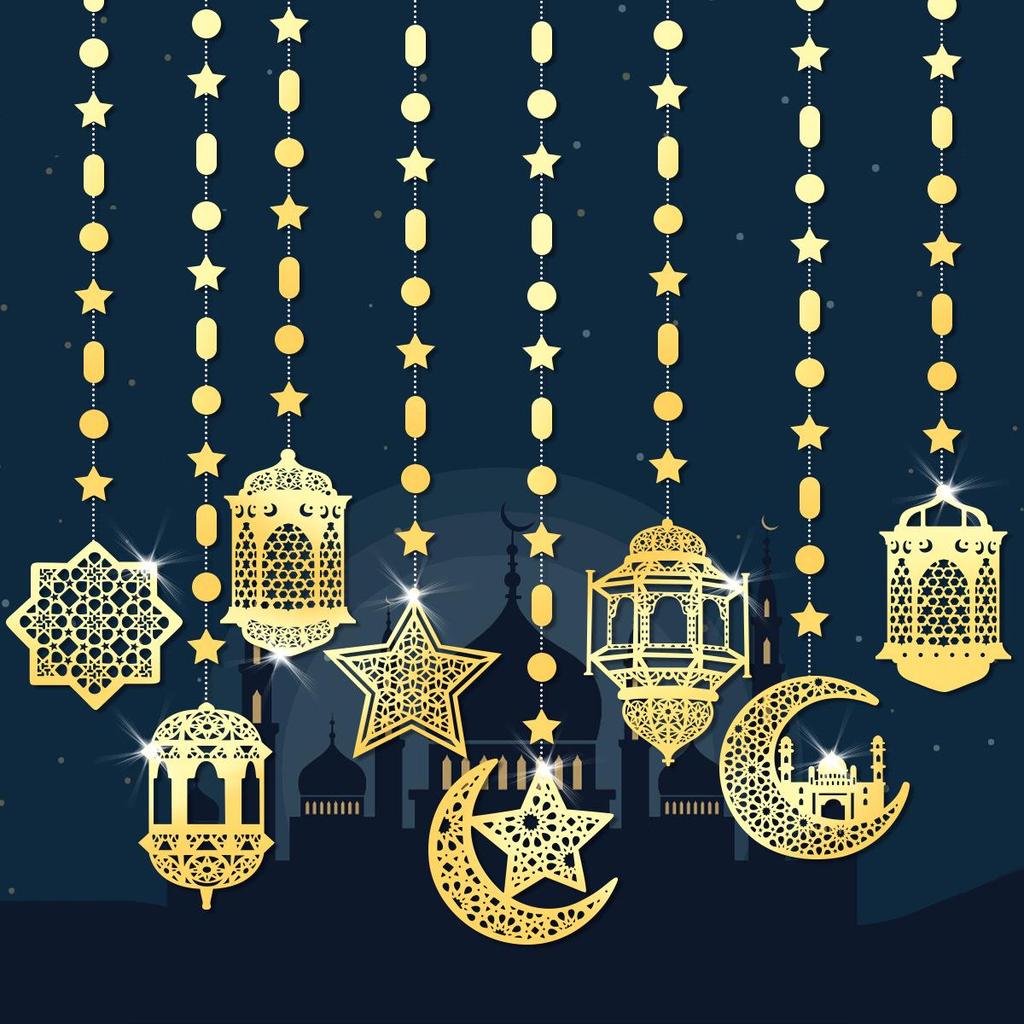 Ghirlandă Festival Orientul Mijlociu cu Stele și Lună Suspendată - Decor Lanternă Petrecere 8 buc