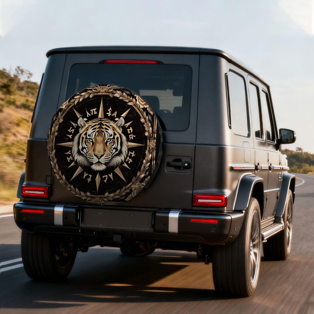 Vintage Tiger Head Decorative Tire Cover, Polyester Material, Star Pattern Frame, All-Season Use, For RV, SUV, And Truck